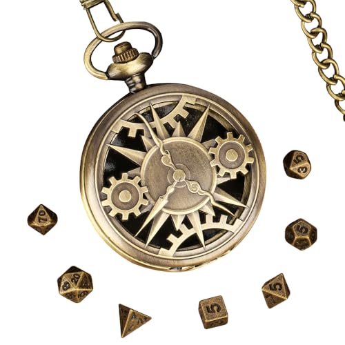 Tulov 7 Stück DND Würfel Set, DND Dice Set mit Bronzene Skelett-Taschenuhr, D&D-Würfelset aus Polyedrischem Metall, Dungeons and Dragons-Geschenke mit Geschenkbox, Rollenspiel Brettspielzubehör von Tulov