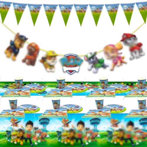 Tulufanskrr Paw Dog Patrol Geburtstag Deko, Cartoon Party Ballons, Dogs Patrol Dekoration Set, Kindergeburtstag Deko Partyzubehör-Set mit Luftballon Teller Becher Servietten Wimpel für Kinder von Tulufanskrr