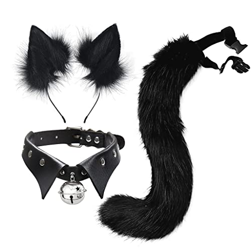 Tunbuy Halloween-Kunstfell, Cosplay, Punk, Glockenhalsband, Wolf, Fuchsohren, Stirnband, Haarreif, Katzenschwanz, Party-Set (schwarz) von Tunbuy