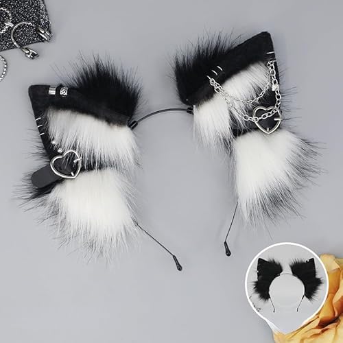 Tunbuy Halloween Ostern Pelziges handgefertigtes Cosplay Punk Wolf Ohren Fuchs Stirnband Kopfschmuck für Charaktere Kostüm Party (weiß schwarz) von Tunbuy