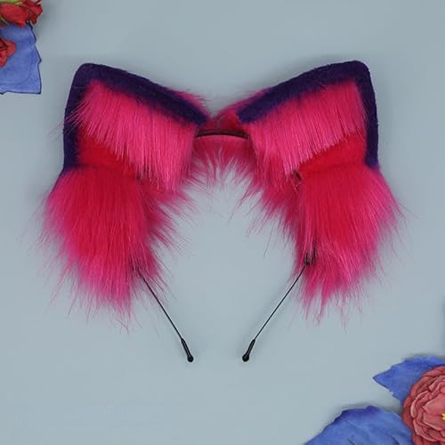 Tunbuy Halloween Pelzige Handgemachte Grinsekatze Fuchsohren Kopfschmuck Stirnband Schwanz Set für Cosplay Kostüm Party (Rose Blau Ohren) von Tunbuy