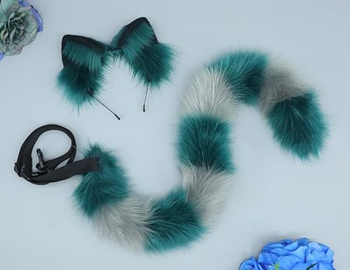 Tunbuy Halloween Pelzige handgefertigte Grinsekatze Fuchsohren Kopfschmuck Stirnband Schwanz Set für Cosplay Kostüm Party (gr-een grey set) von Tunbuy