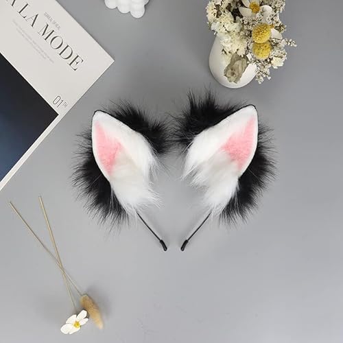 Tunbuy Halloween Pelziger Anime handgemachte Wolfsohren Stirnband Fuchs Kopfschmuck für Charakter Cosplay Kostüm Party (schwarz weiß) von Tunbuy