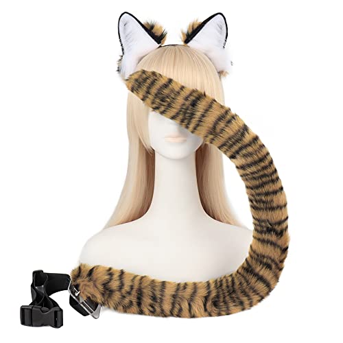 Tunbuy Kunstpelz Tiger Beast Ohren Stirnband Kopfschmuck Schwanz Set Cosplay Kostüm für Halloween Party Zubehör Requisiten (Khaki, 2 Stück) von Tunbuy