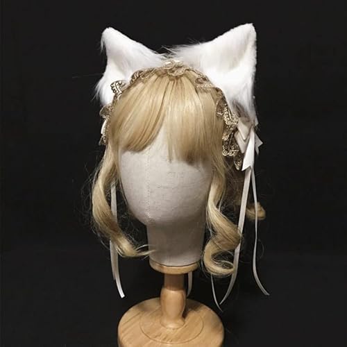 Tunbuy Lolita Dienstmädchen für Damen, weich, Fuchs, Katze, Tierohren, Spitze, Schleife, Haarband, Cosplay, Kostüm, Kopfschmuck (Weiß mit Ohren) von Tunbuy