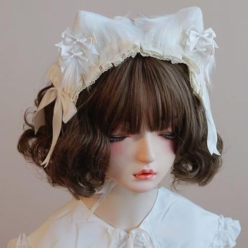 Tunbuy Lolita Maid Cosplay Kopfschmuck mit Schleife, Katzenohren, Falbala-Spitze, weich, für Mädchen, Haarreif (weiß) von Tunbuy