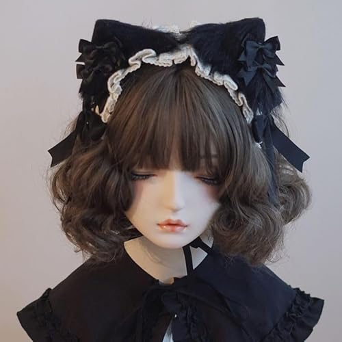 Tunbuy Lolita Maid Cosplay Kopfschmuck mit Schleife, Katzenohren, Falbala-Spitze, weiches Haarband, Schwarz von Tunbuy