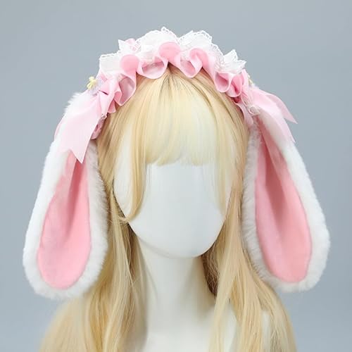 Tunbuy Lolita-Requisiten für Ostern, pelzig, niedliches Plüschband, simuliertes Kaninchenohren-Stirnband für Cosplay, Charaktere, Kostüm, Halloween-Party (weiß-rosa) von Tunbuy