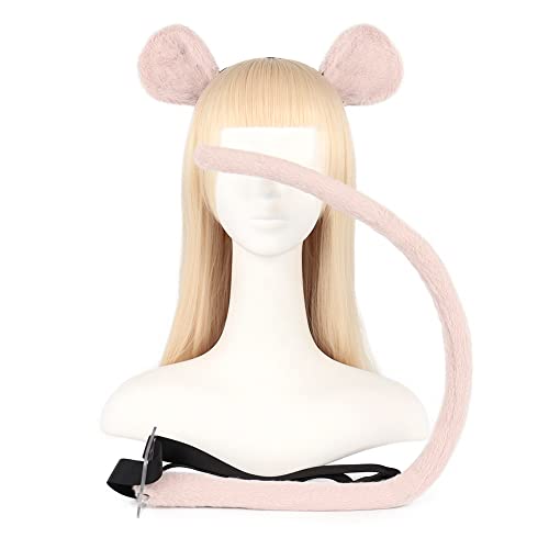 Hamster-Maus-Ohren, Cosplay-Requisiten, Stirnband, Schwanz, Kopfschmuck-Set für Charaktere, Kostüm, Halloween-Party (rosa Set) von Tunbuy