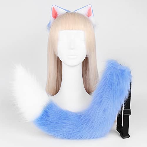 Tunbuy Ostern Pelzige Katze Kätzchen Ohren Fuchs Kopfschmuck Hund Fuchs Stirnband Schwanz Set für Charaktere Kostüm Cosplay Halloween Party (Blau Weiß) von Tunbuy