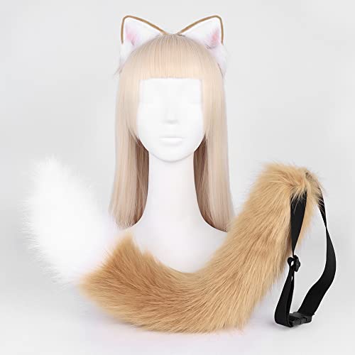 Tunbuy Ostern Pelzige Katze Kätzchen Ohren Fuchs Kopfschmuck Hund Fuchs Stirnband Schwanz Set für Charaktere Kostüm Cosplay Halloween Party (Khaki Weiß) von Tunbuy