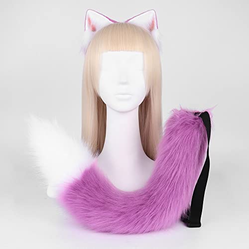 Tunbuy Ostern Pelzige Katze Kätzchen Ohren Fuchs Kopfschmuck Hund Fuchs Stirnband Schwanz Set für Charaktere Kostüm Cosplay Halloween Party (lila weiß) von Tunbuy