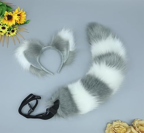 Tunbuy Ostern Pelziger KC Hund Wolf Beast Waschbär Ohren Stirnband Kopfschmuck Fuchsschwanz für Cosplay Charaktere Halloween Party (Grau Weiß) von Tunbuy