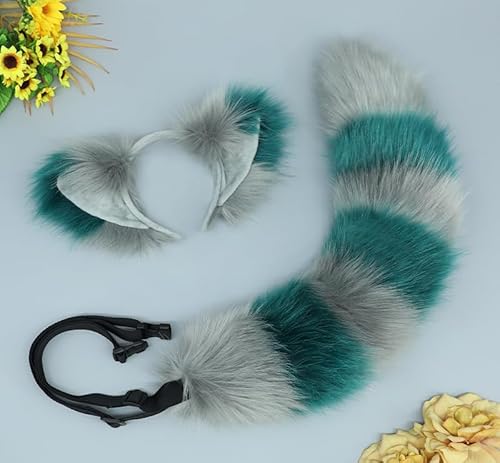 Tunbuy Ostern Pelziger KC Hund Wolf Beast Waschbär Ohren Stirnband Kopfschmuck Fuchsschwanz für Cosplay Charaktere Halloween Party (Grün Grau) von Tunbuy