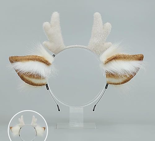 Tunbuy Ostern Weihnachten Geweih Niedlicher Plüsch Hirsch Ohr Kopfschmuck Tier Ohr Stirnband für Cosplay Charaktere Kostüm Halloween Party (Beige) von Tunbuy