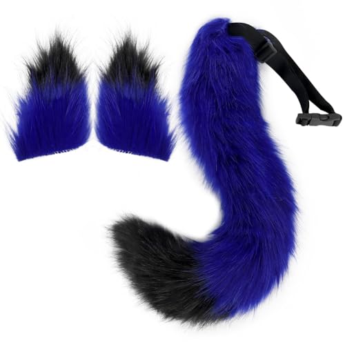 Tunbuy Plüsch-Fuchs-Stirnband, Kopfschmuck, Tierohren, Schwanz für Cosplay, Charaktere, Kostüm, Halloween-Party, Blau / Schwarz von Tunbuy