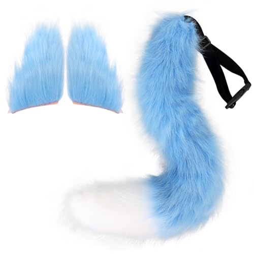 Tunbuy Plüsch-Fuchs-Stirnband, Kopfschmuck, Tierohren, Schwanz für Cosplay, Charaktere, Kostüm, Halloween-Party, Blau / Weiß von Tunbuy