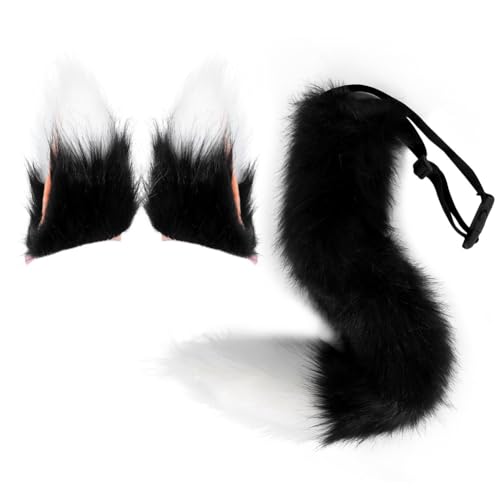 Tunbuy Plüsch-Fuchs-Stirnband, Kopfschmuck, Tierohren, Schwanz für Cosplay, Charaktere, Kostüm, Halloween-Party, Schwarz / Weiß von Tunbuy