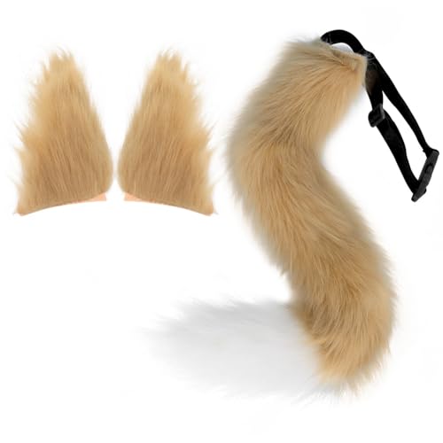 Tunbuy Plüsch-Fuchs-Stirnband, Kopfschmuck, Tierohren, Schwanz für Cosplay, Charaktere, Kostüm, Halloween-Party (Kamelweiß) von Tunbuy