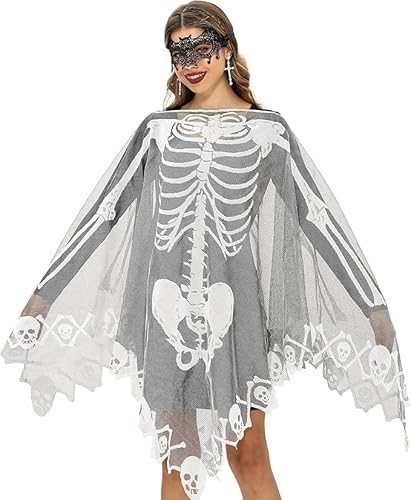 Tundwhite Skelett Poncho, Skelett Kostüm Damen, Halloween-Umhang für Damen mit Augenmaske, Halloween Spinnennetz Cape Umhang Kostüm für Horry Party, Fastnacht, Rollenspiele von Tundwhite