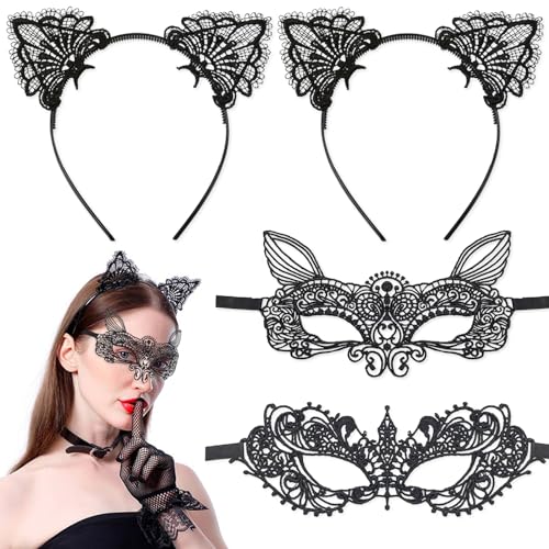 4 Stück Maskerade Maske Schwarz, Spitze Katzenohren Stirnband, Venezianischen Damen Spitze Augenmaske, für Halloween Fasching, Karneval Masquerade, Cosplay, Abendkleid Tanz, Maskerade Venezianische von Tuofang