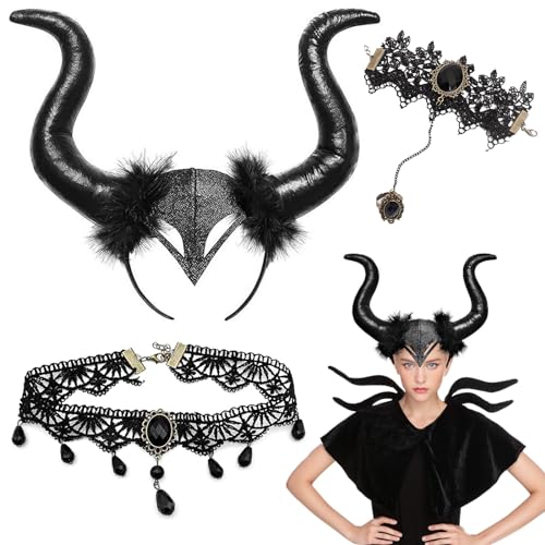 Tuofang 3Pcs Hörner Kopfschmuck Königin Horn Kopfbedeckung, mit Gotisch Halskette Armbänder Schmuck, Schwarz Kopfbedeckung Teufel Haarschmuck, für Fasching Cosplay Maskerade Halloween von Tuofang