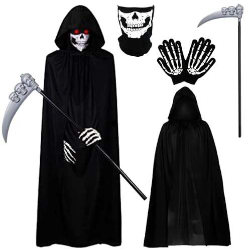 Tuofang Halloween Sensenmann Kostüm Herren Damen Skelett Kostüm Set mit Sense Schädelmaske Handschuhen/Umhang mit Kapuze für Cosplay Karneval Halloween Party von Tuofang