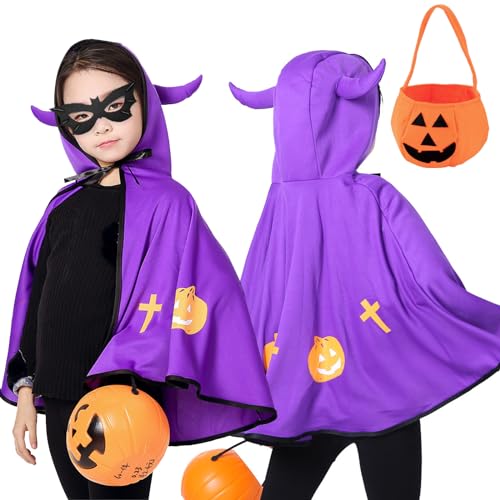 Tuofang Halloween Umhang Cape, Kinder Halloween Kostüm, mit Ox Horn Mit Kapuze Mantel, Kürbis Candy Bag, Zauberer Mantel mit Requisiten für Jungen Mädchen Cosplay Party (Purple) von Tuofang