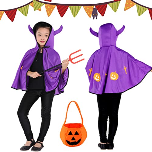 Tuofang Kinder Halloween Kostüm, Halloween Umhang Cape mit Ox Horn Mit Kapuze Mantel, HexenZauberer Umhang, Kürbis Candy Bag, Halloween Kostüme Cosplay Verkleidung für Jungen Mädchen (Violett) von Tuofang