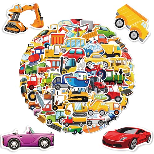 Auto Sticker Kinder Bagger Sticker, 60 Stück Cartoons Fahrzeuge Aufkleber, Aesthetic Aufkleber, Wasserdichte Vinyl Sticker, Wiederverwendbare, Auto Sticker Kinder für Laptop, Koffer und Skateboard. von TuseRxln