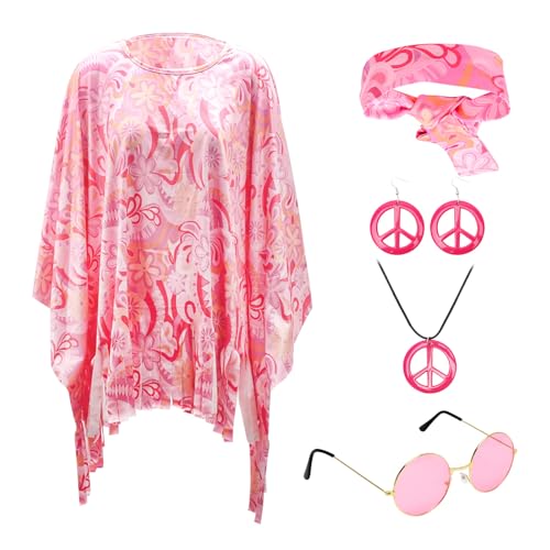 Tutamaz 5 Stück hippie kostüm damen, 60er 70er jahre outfit damen, Bekleidung Accessoires für Damen, Inklusive Hippie Poncho Frieden Zeichen Halskette Ohrringe Stirnband Hippie Sonnenbrillen von Tutamaz