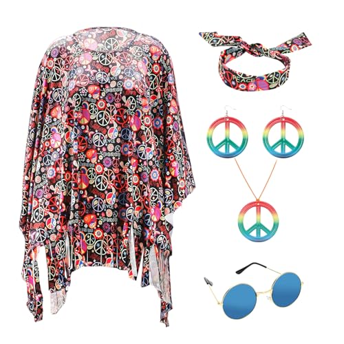 Tutamaz 5 Stück hippie kostüm damen, 60er 70er jahre outfit damen, Bekleidung Accessoires für Damen, Inklusive Hippie Poncho Frieden Zeichen Halskette Ohrringe Stirnband Hippie Sonnenbrillen von Tutamaz