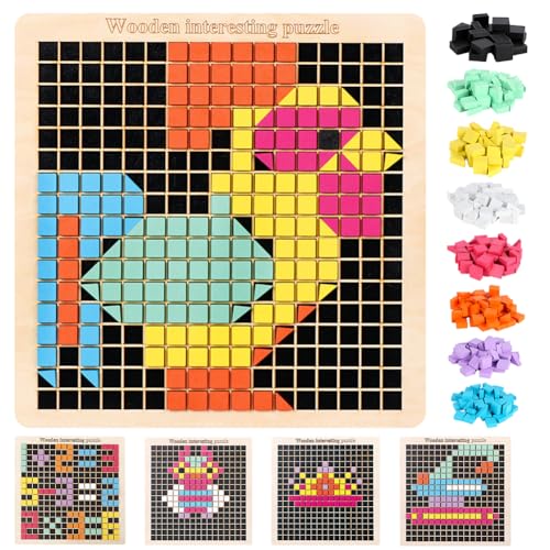 Tutamaz Holz Mosaik Puzzle, 30×30×0.8cm Form Musterblöcke mit 8 Farben Intelligenz Bunte Bausteine Pixel-Brettspiel Montessori Spielzeug Geschenk für 3 4 5 6 7 8 Kinder Jungen Mädchen von Tutamaz