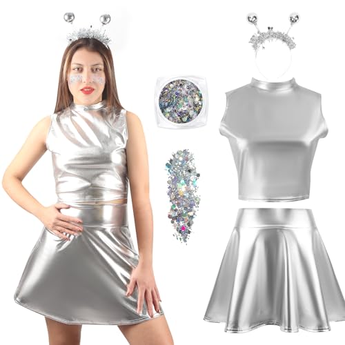 Alien Kostüm Damen,4 Stück Space Kostüm Damen Alien Haarreif Holografischer Glitter Space Girl Kostüm Damen Alien Accessoires für Alien Thema Party Zubehör Halloween Cosplay Maskerade Fasching von Tutukyle