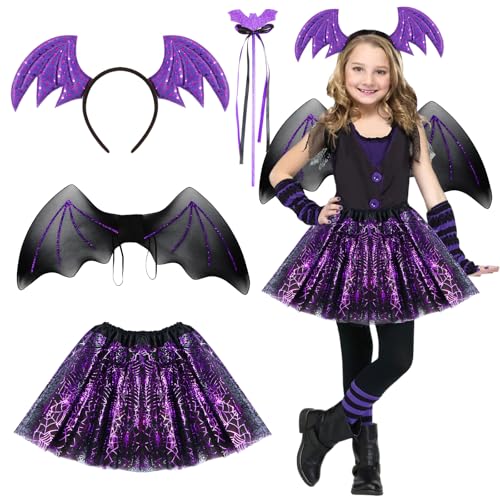 Fledermaus Kostüm Kinder Mädchen, Halloween Kostüm Kinder Mädchen Schwarzer Tüllrock Haarreif Tütü Magic Stick Halloween Costume Kinder Spinne Karneval Kostüm Themenparty Cosplay Faschingskostüme von Tutukyle