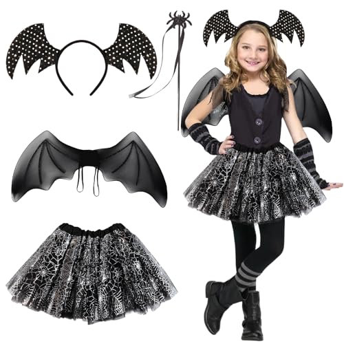 Fledermaus Kostüm Kinder Mädchen, Halloween Kostüm Kinder Mädchen Schwarzer Tüllrock Haarreif Tütü Magic Stick Halloween Costume Kinder Spinne Karneval Kostüm Themenparty Cosplay Faschingskostüme von Tutukyle