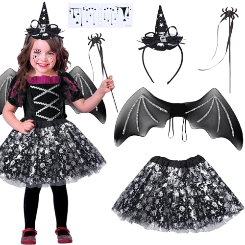 Fledermaus Kostüm Kinder Mädchen, Schwarzer Tüllrock Hexenkostüm Silber Halloween Haarreif Halloween Costume Röcke Accessoires Halloween Flügel Zauberstab Tattoo Gesicht Tütü Faschingskostüme Kinder von Tutukyle