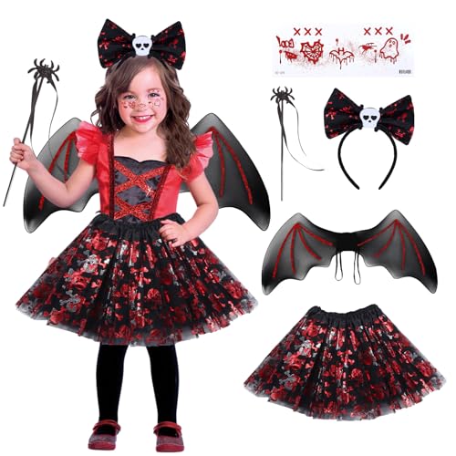 Fledermaus Kostüm Kinder Mädchen, Schwarzer Tüllrock Skeleton Rot Karneval Haarreif Kinder Karneval Costume Röcke Accessoires Karneval Flügel Zauberstab Tattoo Gesicht Tütü Faschingskostüme Kinder von Tutukyle