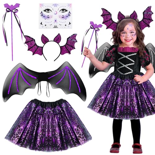 Fledermaus Kostüm Kinder Mädchen, Schwarzer Tüllrock Vampir Lila Halloween Haarreif kostüm Kinder Halloween Costume Röcke Accessoires Halloween Flügel Zauberstab Tattoo Gesicht Tütü Faschingskostüme von Tutukyle