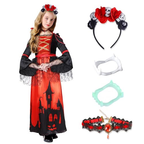 Karneval Kostüm Vampir Kinder Mädchen, Karneval Kleid Vampirkostüm Mädchen Gothic Dress Karneval Outfits Vampire Costume Enthalten Vampirgebiss Vampir Zubehör Dress Kinder für Cosplay Mottoparty von Tutukyle