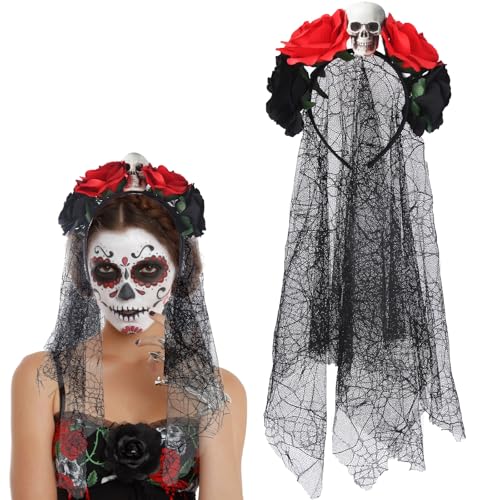 Halloween Tag der Toten Haarreif und Schleier, Halloween Kopfschmuck RosenTotenkopf Dekoration Halloween Untote Kopftuch Untote Gesichts Tattoos Mardi Gras Maskerade Halloween Frauen Kostüm Zubehör von Tutukyle