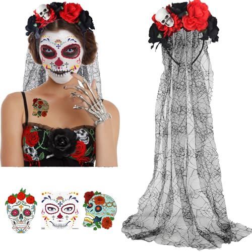 Halloween Tag der Toten Haarreif und Schleier, Halloween Kopfschmuck RosenTotenkopf Dekoration Halloween Untote Kopftuch Untote Gesichts Tattoos Mardi Gras Maskerade Halloween Frauen Kostüm Zubehör von Tutukyle