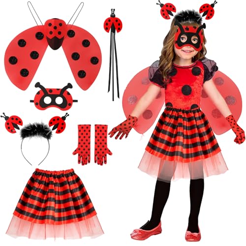 Marienkäfer Kostüm Kinder, 6-Teiliges Miraculous Kostüm Mädchen mit Marienkäfer Flügel Haarreif Tutu Rock Handschuhe Zauberstab Augenmaske, Ladybug Kostüm Kinder Set für Karneval Cosplay von Tutukyle