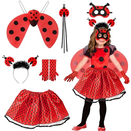 Marienkäfer Kostüm Kinder, 6-Teiliges Miraculous Kostüm Mädchen mit Marienkäfer Flügel Haarreif Tutu Rock Handschuhe Zauberstab Augenmaske, Ladybug Kostüm Kinder Set für Karneval Cosplay von Tutukyle