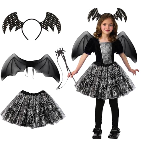 Tutukyle Fledermaus Kostüm Kinder, 4 Stück Halloween Fledermaus Kostüm Set mit Haareif Tutu Rock Flügel und Zauberstab für Mädchen für Halloween Karneval Cosplay Party Vampir Mottoparty von Tutukyle