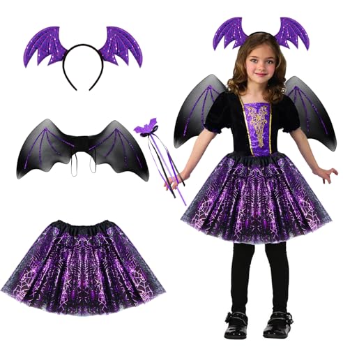 Tutukyle Fledermaus Kostüm Kinder, 4 Stück Halloween Fledermaus Kostüm Set mit Haareif Tutu Rock Flügel und Zauberstab für Mädchen für Halloween Karneval Cosplay Party Vampir Mottoparty von Tutukyle