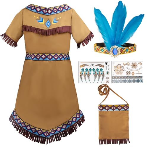 Tutukyle Indianer Kostüm Kinder Mädchen mit Indianer Kopfschmuck Feder Stirnband Taschen und Tattoo Indianer Kleid Mädchen für Karneval Fasching Halloween Party Cosplay von Tutukyle