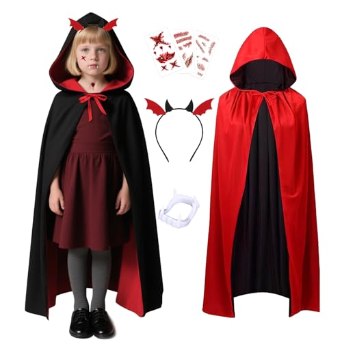 Halloween Vampir Kostüm 90cm- Kinder Vampirkostüm Jungen Mädchen Halloween Teufel Kostüm mit Kapuze Vampirzähne Narbe Tattoo Aufkleber, Schwarz Rot Doppelseitig Vampir Umhang für Cosplay Karneval Halloween Vampir Kostüm 90cm- Kinder Vampirkostüm Jungen Mädchen Halloween Teufel Kostüm mit Kapuze Vampirzähne Narbe Tattoo Aufkleber, Schwarz Rot Doppelseitig Vampir Umhang für Cosplay Karneval von Tutukyle