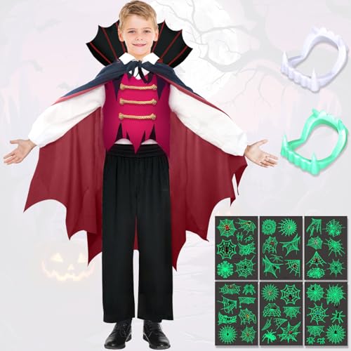 Tutukyle Vampir Kostüm Kinder Halloween Kostüm Kinder Vampir Mittelalterliches Zauberumhang Vampirkostüm Cosplay Gothic Outfit für Karneval Halloween Party Vampir-Zahnersatz Tattoo-Aufkleber Umhang von Tutukyle