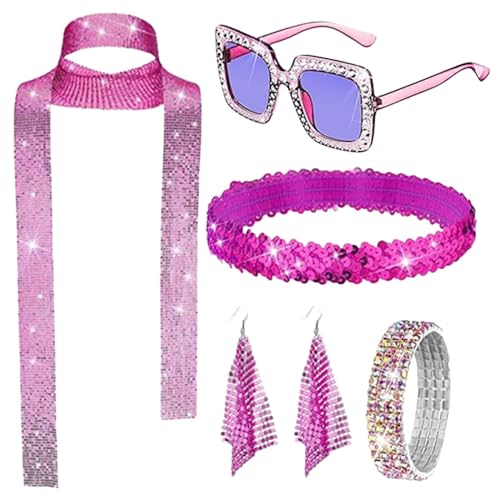 Tuxxjzm 70er-Jahre-Schmuck für Damen, 70er-Jahre-Accessoires für Damen - 70er-Jahre-Tanzparty-Kostümzubehör - Halskette, Armbänder, Rock-Sonnenbrille, Ohrringe, Paillettenschal und Stirnband für von Tuxxjzm